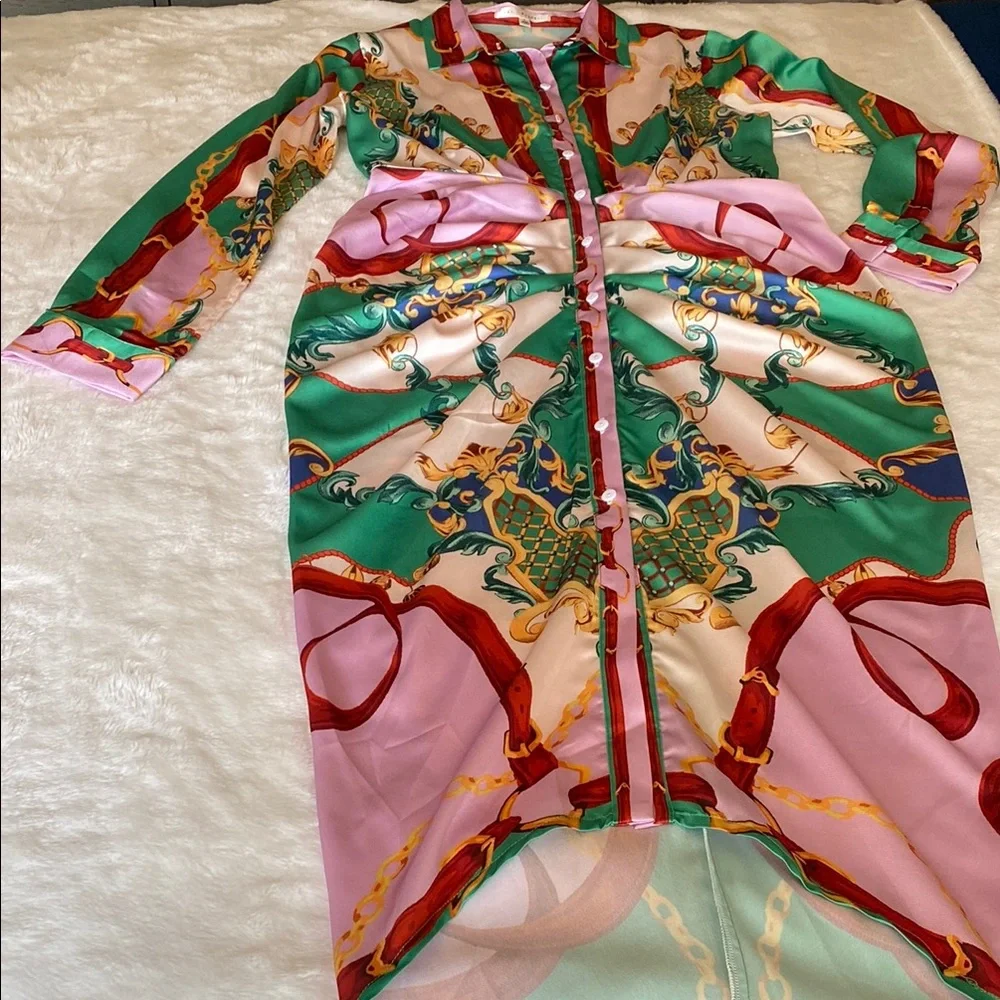 NWOT HER BOTTARI Vibrant Patterned Button-Up Shirt Dress Scarf Print Size L - Picture 6 of 16